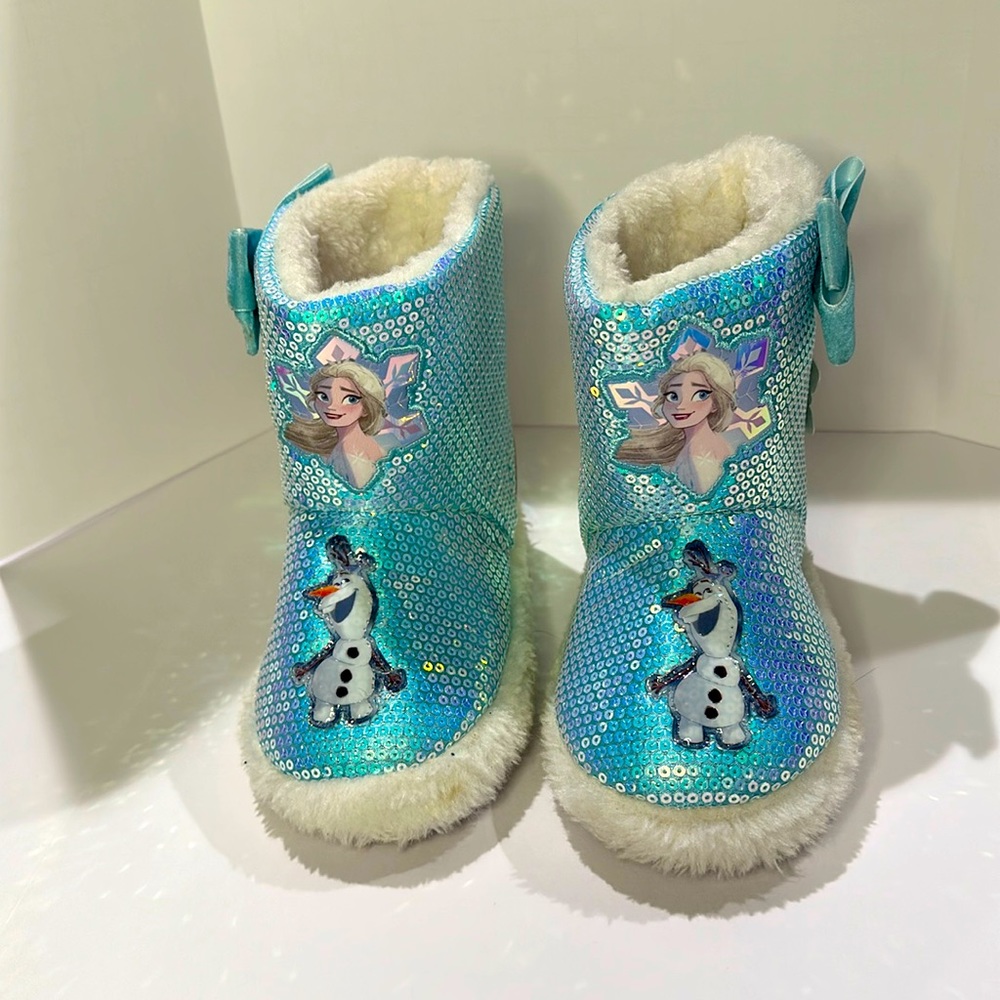 “Frozen” themed House Shoe Boots with sequin & bow accents